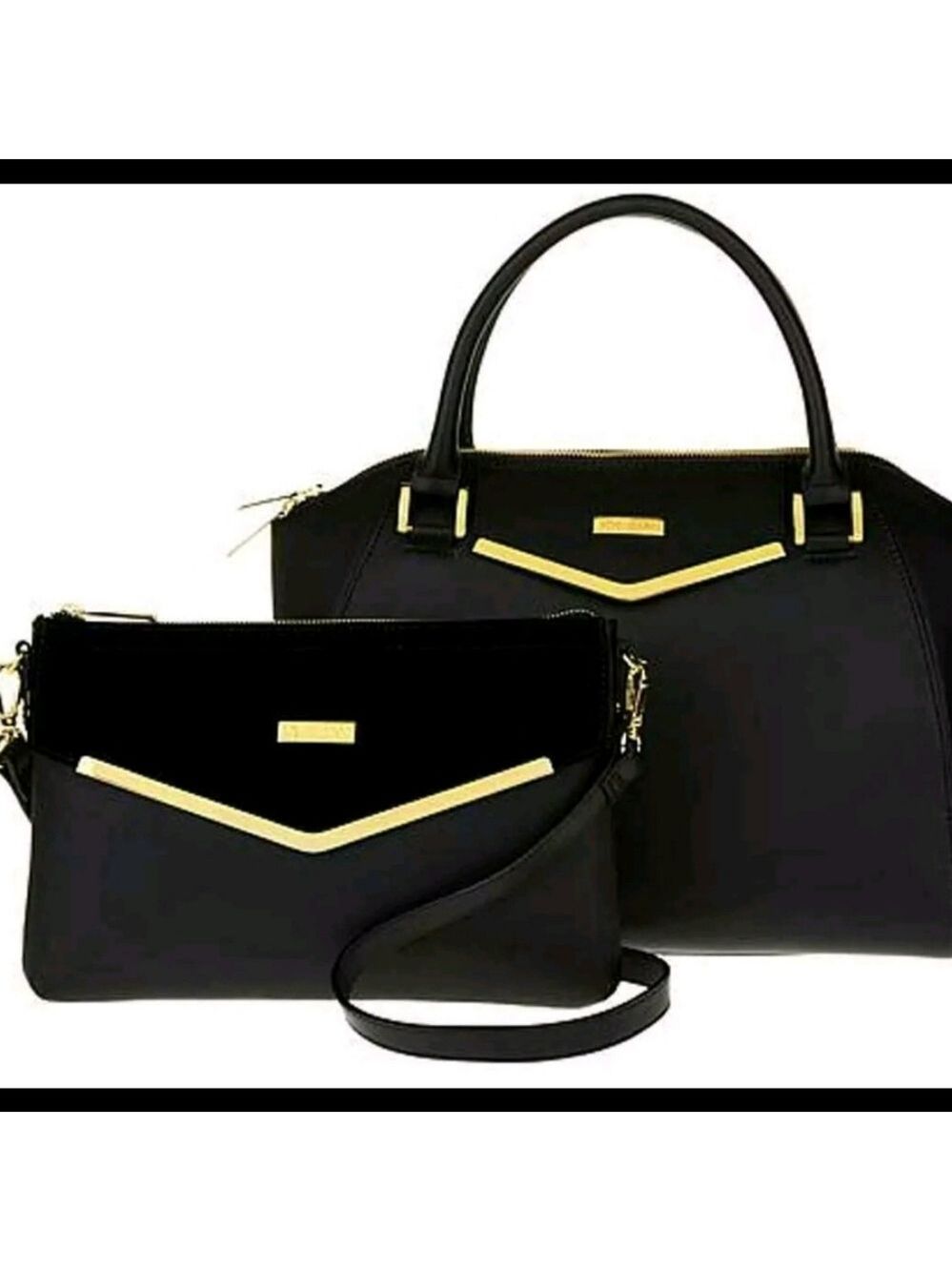 JOY & IMAN | Couture Black Leather Satchel & Clutch Set | Velvet Detail, RFID